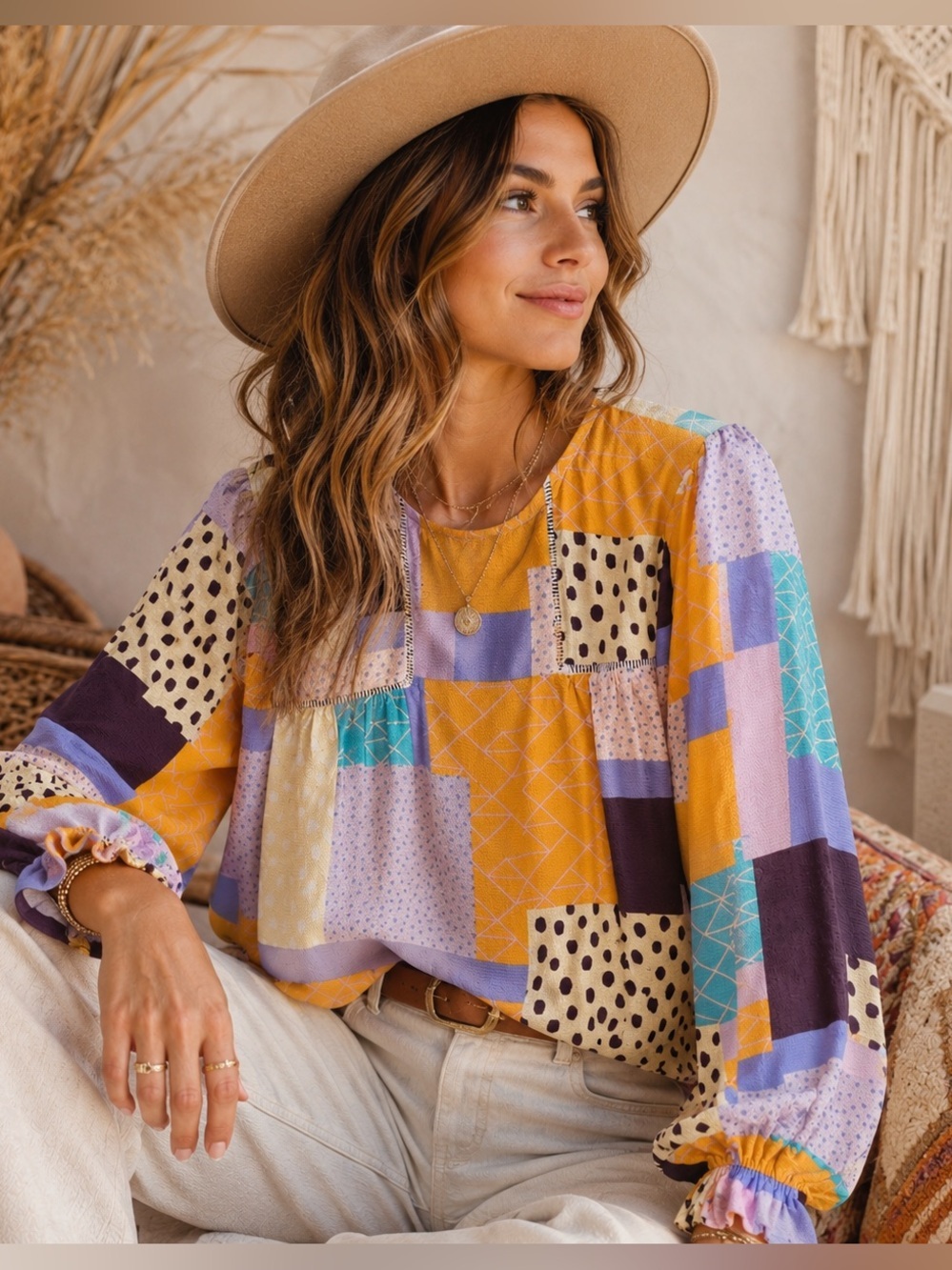 NWOT Fate Abstract Patchwork Boho Blouse in Orange & Lavender Medium Cottagecore